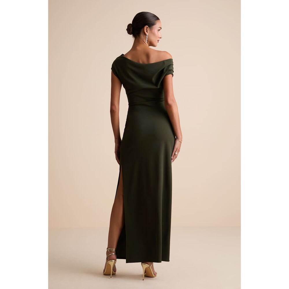 NWT Lulus Janine Dark Olive Green Asymmetrical Maxi Dress Bridesmaid Gala Size L - Picture 3 of 8
